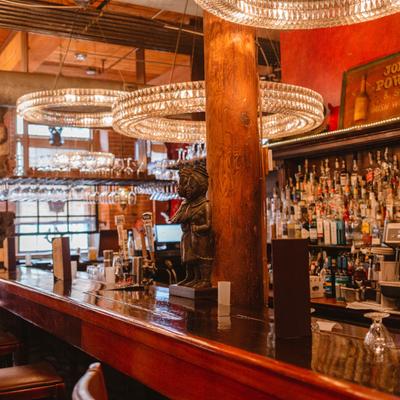 Interior, bar area, lots of bottles