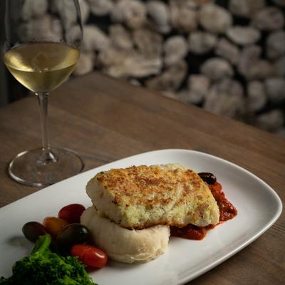 Parmesan Crusted Cod, served with white wine