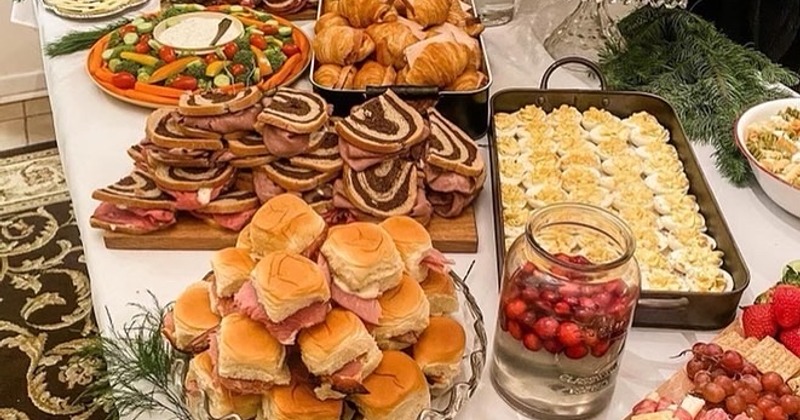 Tables set, catering buffet table,  pastries, cakes, strudel