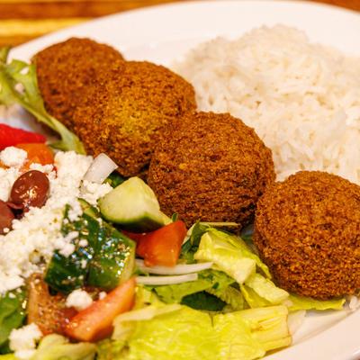 Falafel plate, with rice and salad.