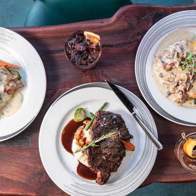 Assorted food and drinks on a table