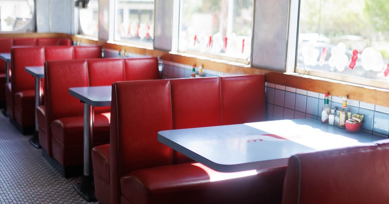 Interior, seating booths lined up