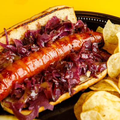 Kielbasa bomber sandwich, served, closeup.