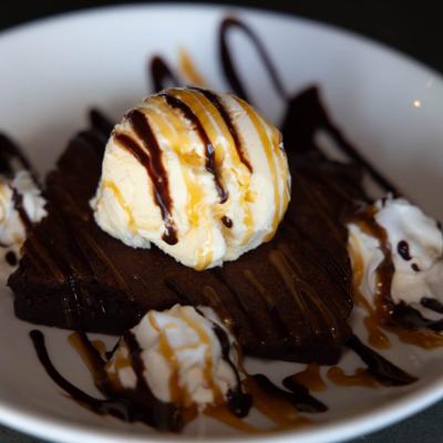 Brownie with ice cream, close up
