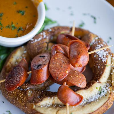 Grilled sausage, pastry and dip