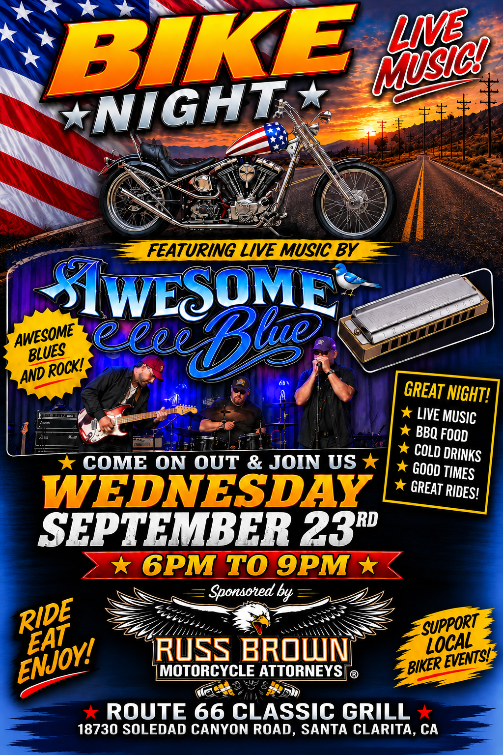 Wednesday September 23rd Bike Night featuring the Awesome Blues Band. 6pm to 9pm