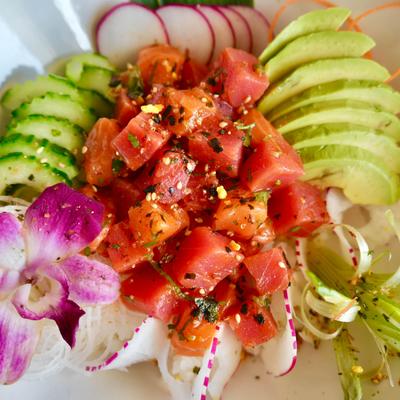 Salmon and tuna poke bowl.