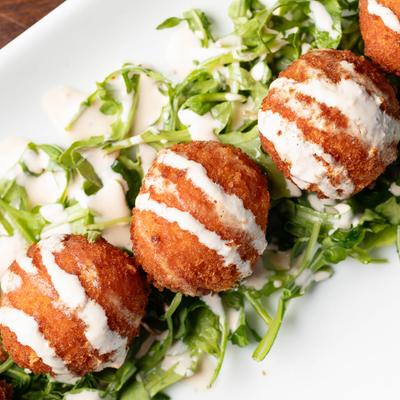 Fried Pimento Cheese Balls, close-up.