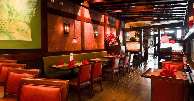 Interior, tables, chairs and high back benches