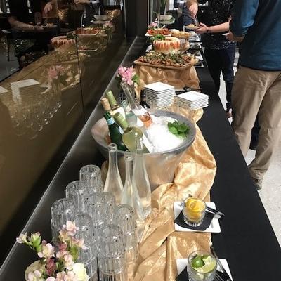 Buffet table, food and drinks.