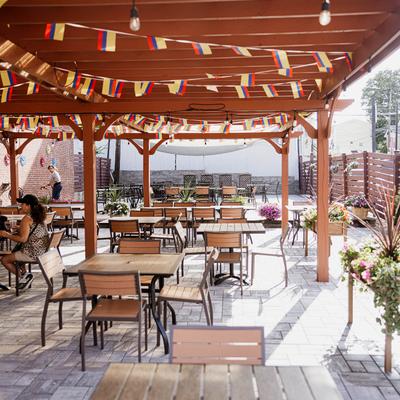 Patio cover with a seating area.