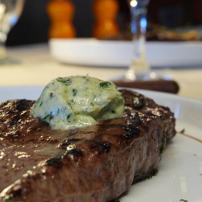 A closeup on a steak.