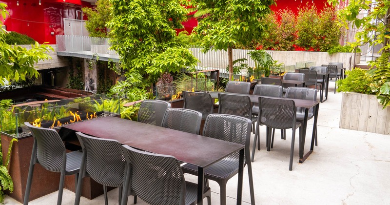 Garden seating, with fire pits and numerous plants