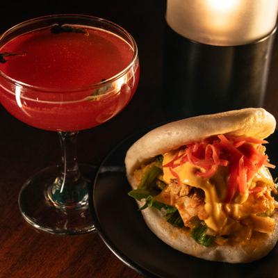 Mock duck bun with cocktail.