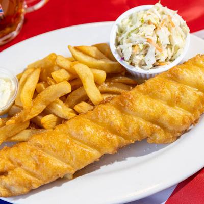 English Beer Battered Fish and Chips, served with slaw