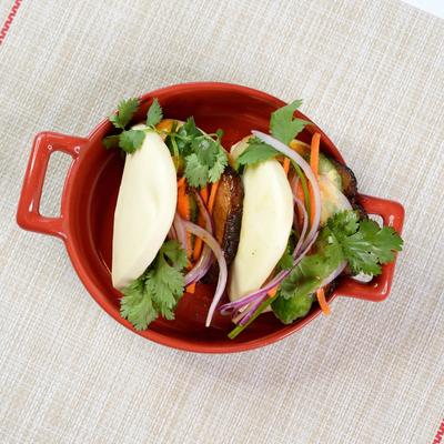 Vietnamese bao bun tacos, top view.