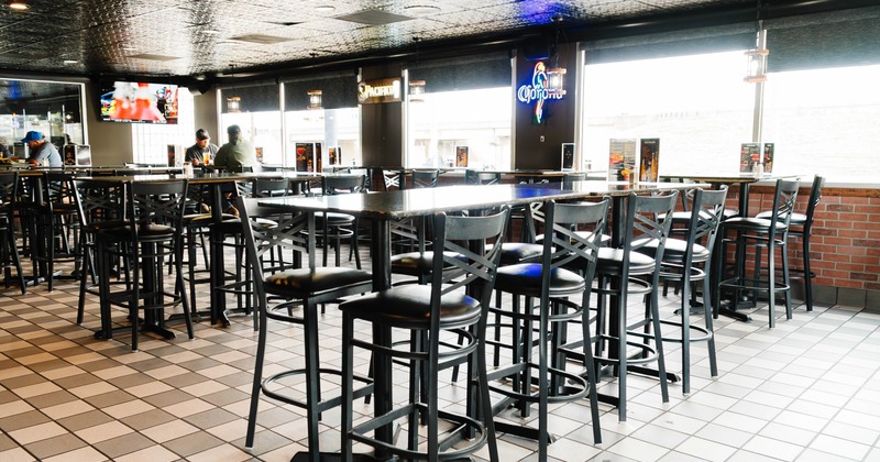 Interior, high tables and chairs