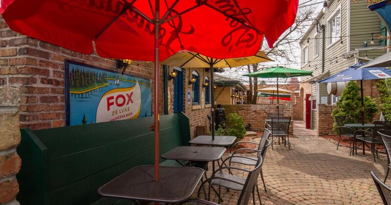 Exterior seating area, red parasols
