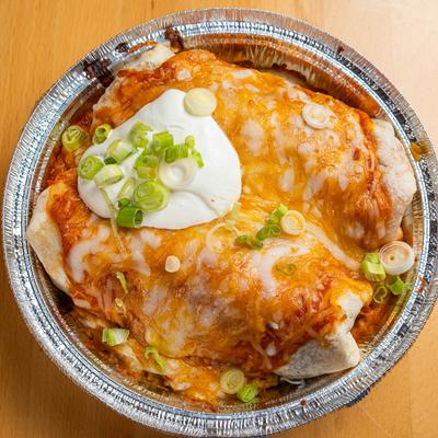 Burrito Enchilada style served in a foil dish.