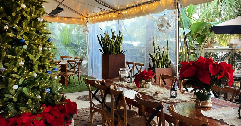 Tent interior, table garnished with flower vases, plant pots, and a decorated Christmas tree