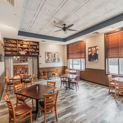Interior with tables and chairs.