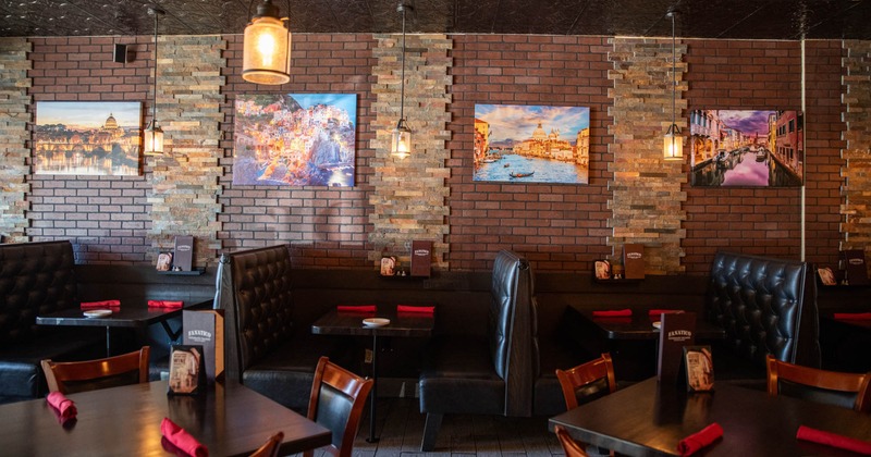 Inside space, leather booths for four people