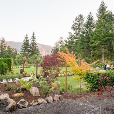 Restaurant garden with natural landscape in the back