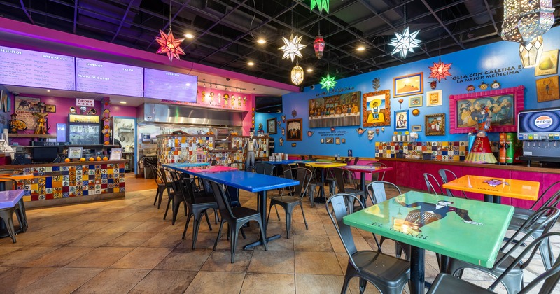 A colorful restaurant interior with vibrant decor