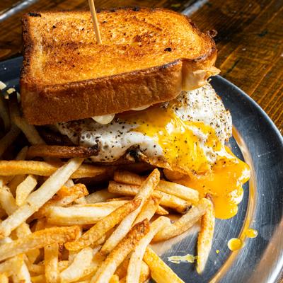 Thick Cut Bologna Sandwich, closeup.