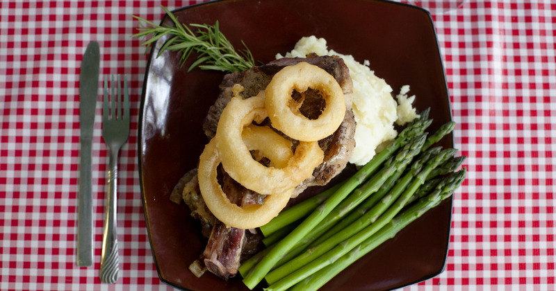 Fried Onion Rings, Asparagus and Ribs