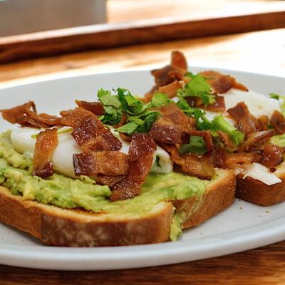 Avocado Toast, with bacon, poached eggs, and cilantro.