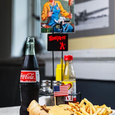 Food, drinks, and the American flag.