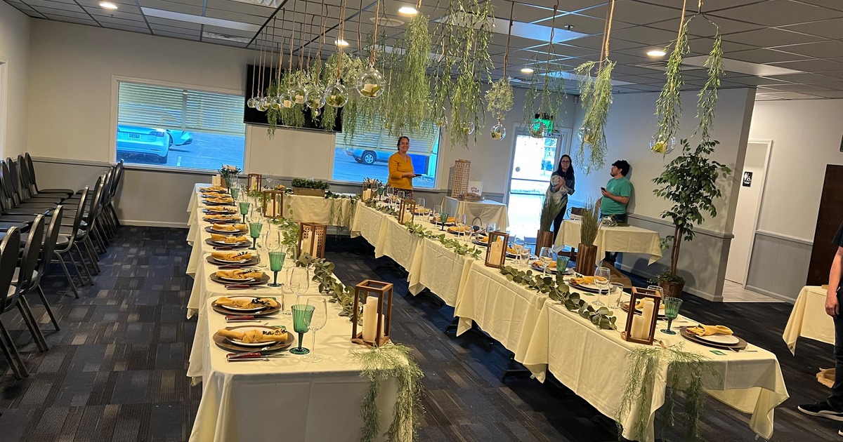An elegant dining setup in a private dining room set for a dinner gathering