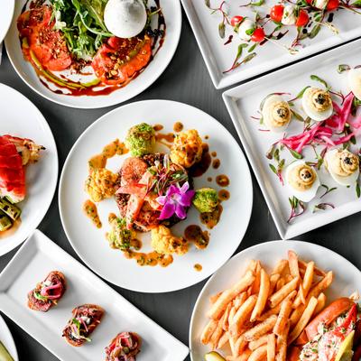 Assorted dishes on a table, top view.