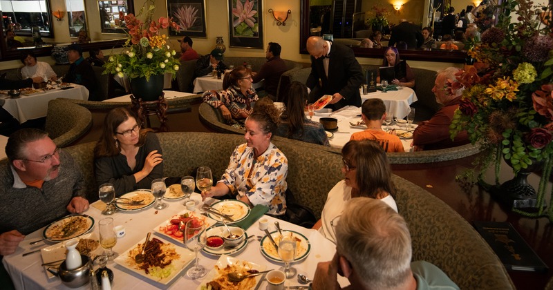 Diner area, booths, guests eating