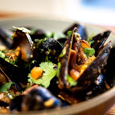 Sauteed mussels, closeup.