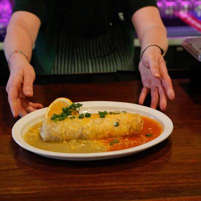 Chile Colorado Burrito, in red and green sauces.