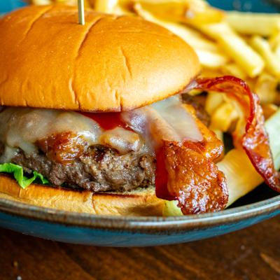 Beacon Bacon Burger close up.