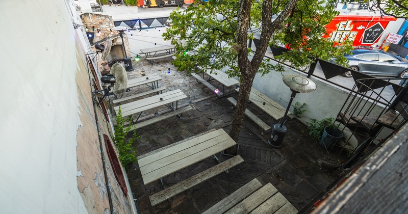 Exterior, garden, patio, tables and benches, view from above