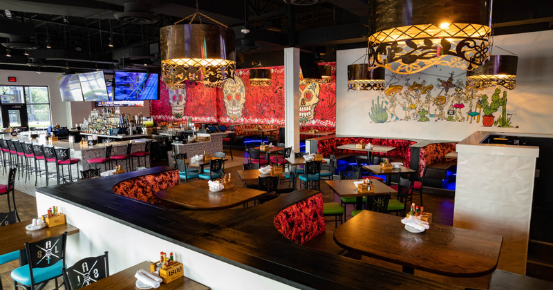 Restaurant interior, decorated walls with Mexican tradition details