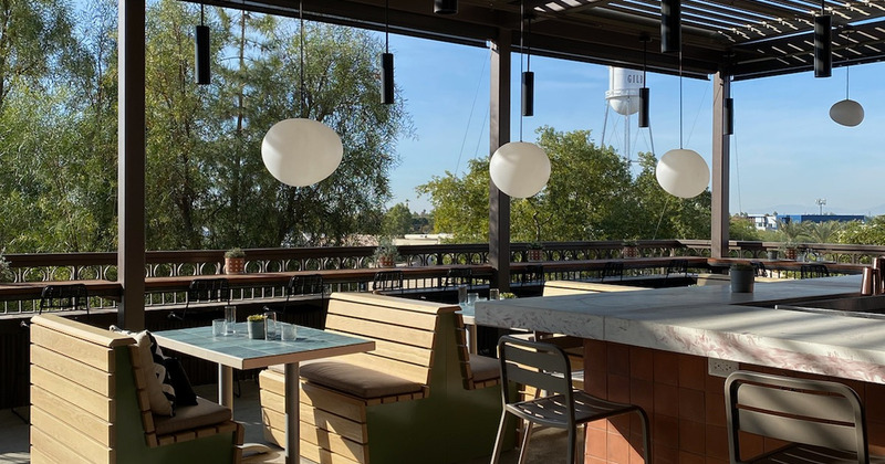 Bar counter and tables in patio area