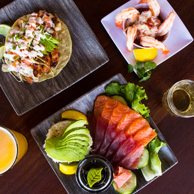 Various dishes and drinks, top view