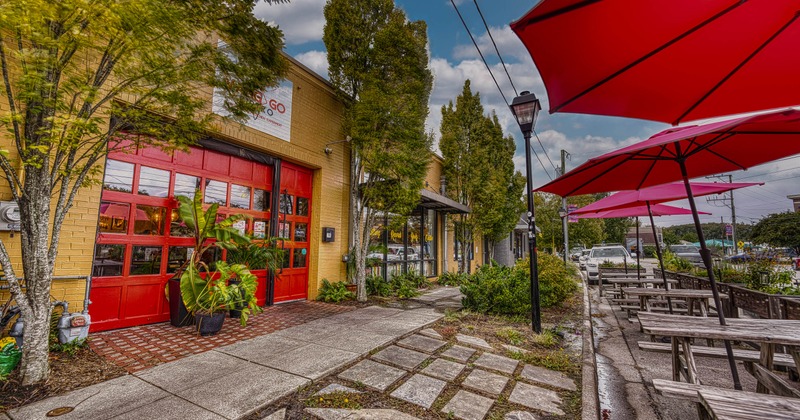 Exterior, picnic tables under parasols