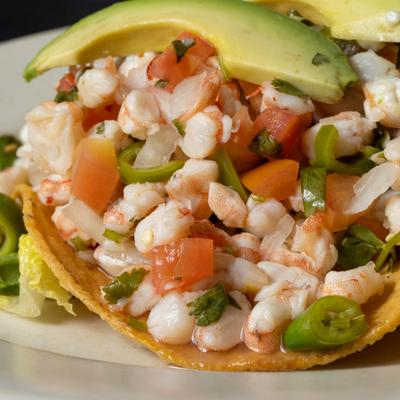 Shrimp ceviche tostada.