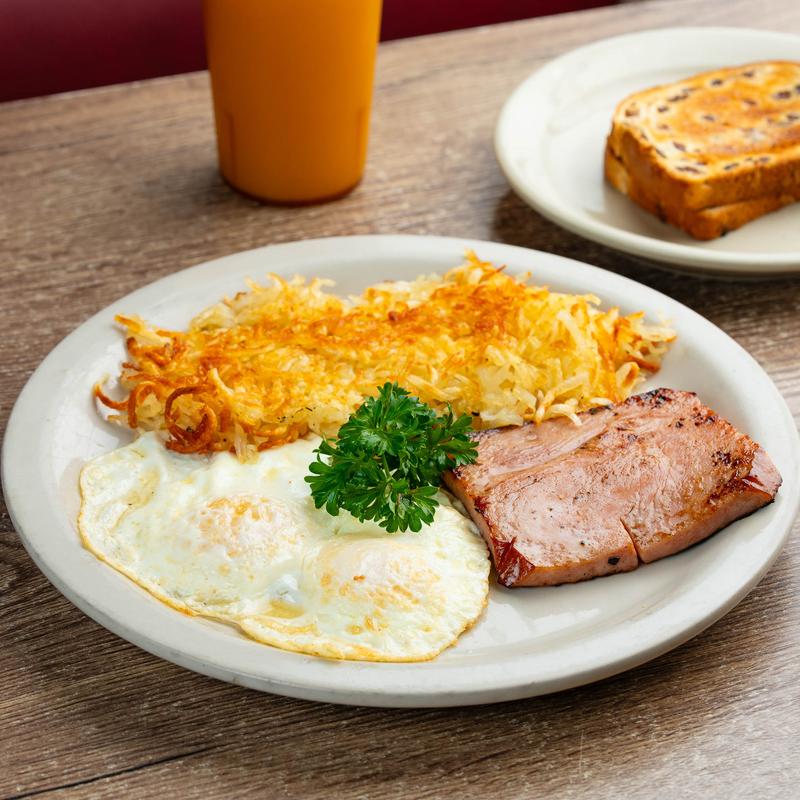 menu item 1 of 16, 2 Eggs Any Style with Ham (1 Slice)