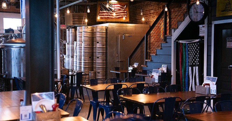 Restaurant interior, brewing barrels in the back