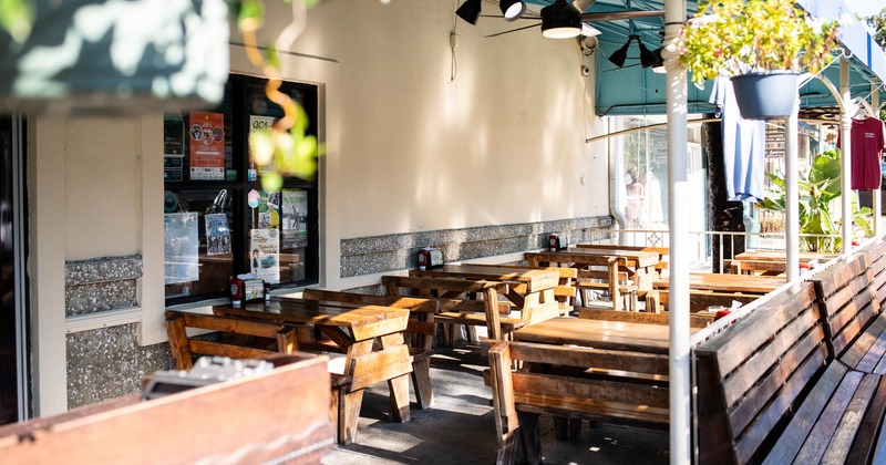 Tables and seating in the outdoor seating area