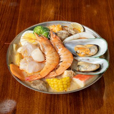Seafood plate with veggies.