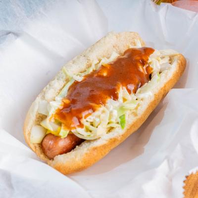 Conecuh Sausage Dog with sauerkraut.