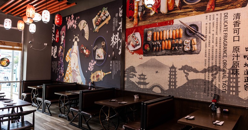 Interior, seating area with booths and tables